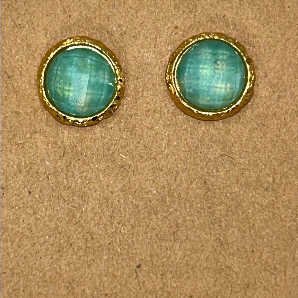 NWOT Gold Plated Bronze Turquoise Doublet Button Earrings By Designer Bellezza